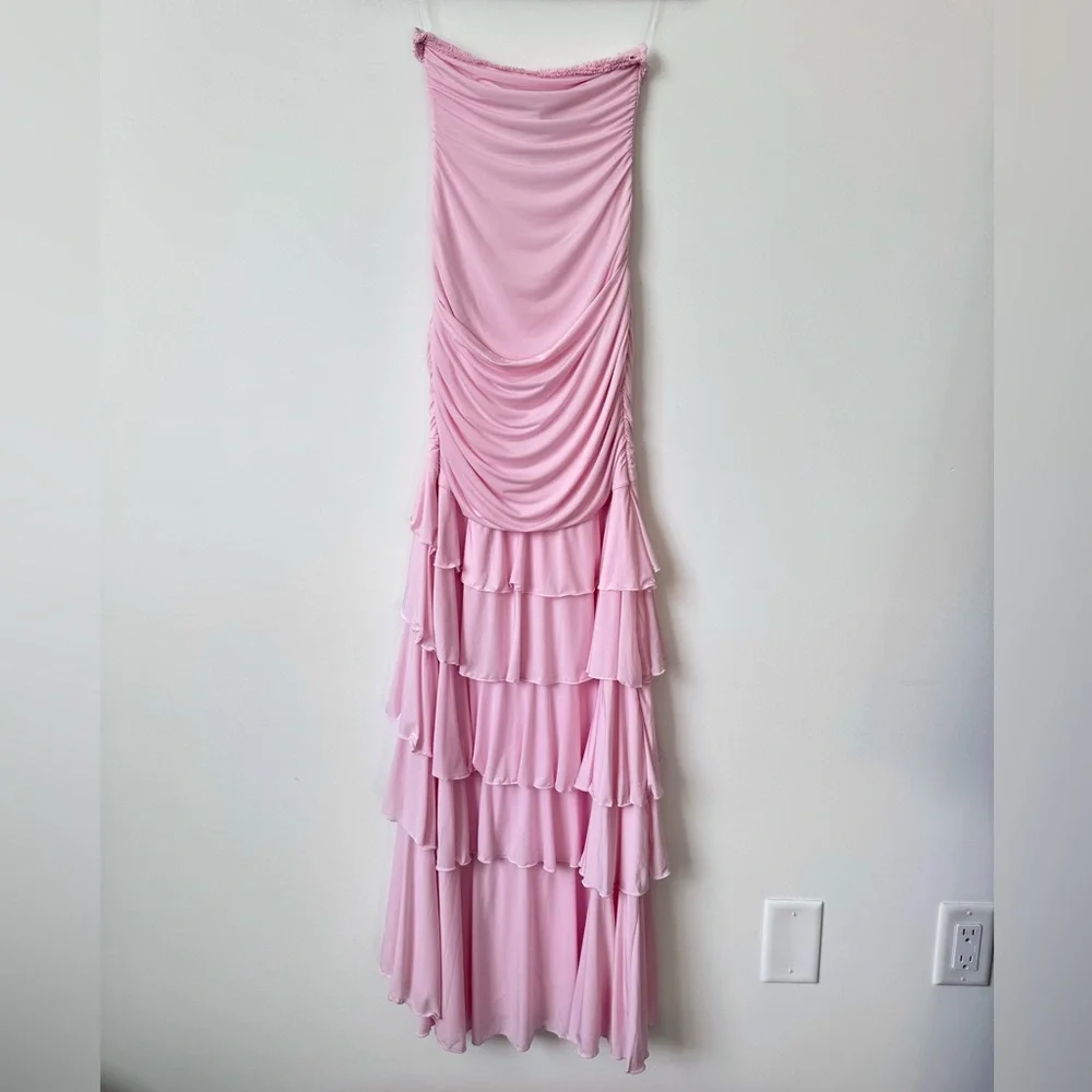 Oh Polly Hayami Bandeau Ruched Ruffle-Trim Maxi Dress in Blush - Size 2 - Picture 10 of 16